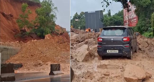 ചെ​റു​വ​ത്തൂ​രി​ൽ ദേ​ശീ​യ​പാ​ത​യി​ലേ​ക്ക് മ​ണ്ണി​ടി​ഞ്ഞു​വീ​ണു, വാ​ഹ​ന യാ​ത്ര​ക്കാ​ർ ര​ക്ഷ​പെ​ട്ട​ത് ത​ല​നാ​രി​ഴ​യ്ക്ക്