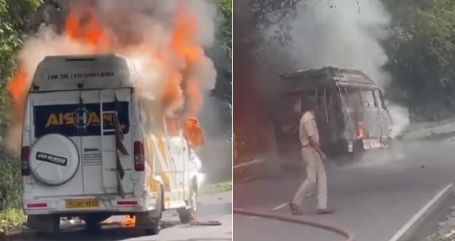 കു​റ്റ്യാ​ടി ചു​ര​ത്തി​ൽ ഓ​ടി​ക്കൊ​ണ്ടി​രു​ന്ന ട്രാ​വ​ല​റി​ന് തീ​പി​ടി​ച്ചു