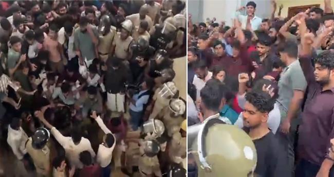 കേ​ര​ളാ സ​ർ​വ​ക​ലാ​ശാ​ല ആ​സ്ഥാ​നം വ​ള​ഞ്ഞ് എ​സ്എ​ഫ്ഐ, സെ​ന​റ്റ് ഹാ​ളി​ൽ ക​ട​ന്ന് പ്ര​തി​ഷേ​ധം
