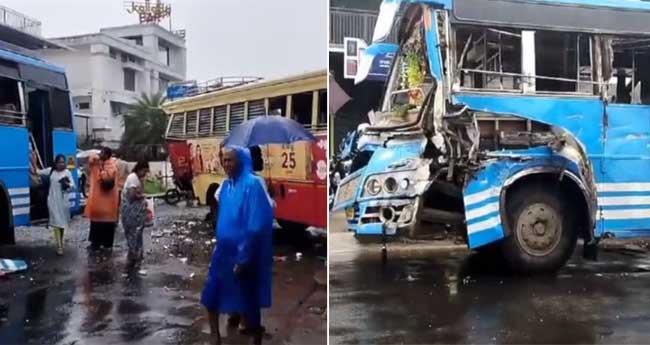 കെ​എ​സ്ആ​ർ​ടി​സി ബ​സി​നു പി​ന്നി​ൽ സ്വ​കാ​ര്യ​ബ​സ് ഇ​ടി​ച്ചു​ക​യ​റി; 15 പേ​ർ​ക്ക് പ​രി​ക്ക്