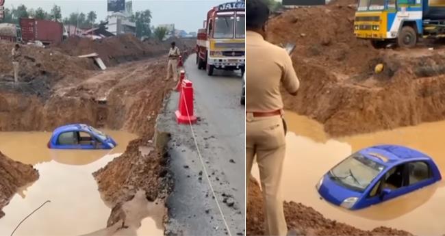 തൃശൂരിൽ അ​ടി​പ്പാ​ത നി​ർ​മാ​ണ​ത്തി​നെ​ടു​ത്ത കു​ഴി​യി​ലേ​ക്ക് കാ​ർ മ​റി​ഞ്ഞു