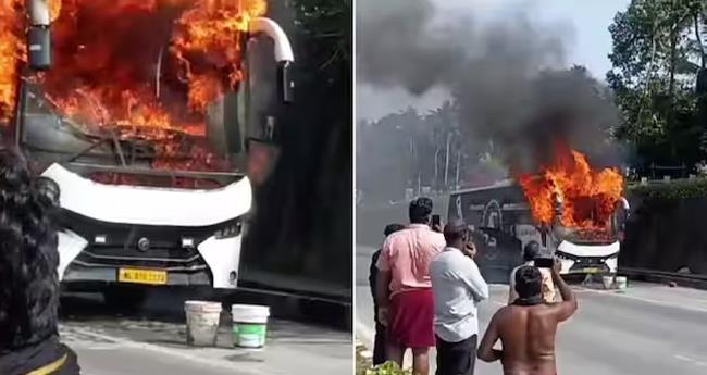 തി​രു​വ​ന​ന്ത​പു​ര​ത്ത് ഓ​ടി​ക്കൊ​ണ്ടി​രു​ന്ന ടൂ​റി​സ്റ്റ് ബ​സി​ന് തീ​പി​ടി​ച്ചു; ഒ​ഴി​വാ​യ​ത് വ​ൻ അ​പ​ക​ടം