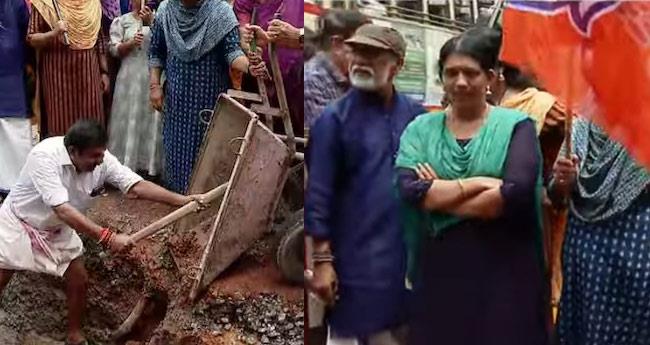 ത​ല​സ്ഥാ​ന​ത്ത് റോ​ഡി​ലെ കു​ഴി​ക​ള്‍ അ​ട​ച്ച് ബി​ജെ​പി കൗ​ണ്‍​സി​ല​ര്‍​മാ​രു​ടെ പ്ര​തി​ഷേ​ധം