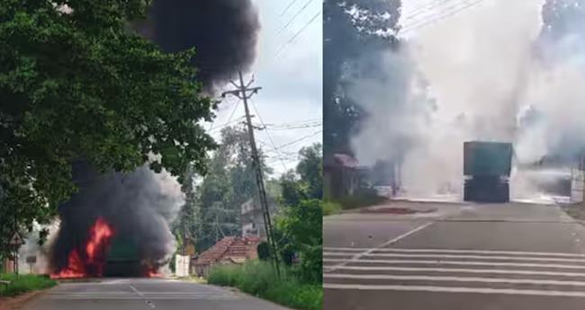 ടി​പ്പ​ർ ലോ​റി​ക്ക് പി​ന്നി​ലിടിച്ച് ടോ​റ​സ് ക​ത്തി ന​ശി​ച്ചു; ഡ്രൈ​വ​ർ അ​ത്‌​ഭു​ത​ക​ര​മാ​യി ര​ക്ഷ​പ്പെ​ട്ടു
