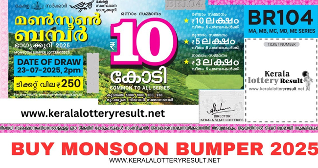 മ​ൺ​സൂ​ൺ ബം​പ​ർ ന​റു​ക്കെ​ടു​പ്പ് 23ന്