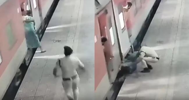 ട്രെ​യി​നി​ൽ നി​ന്നും വീ​ണ സ്ത്രീ​യെ സാ​ഹ​സി​ക​മാ​യി ര​ക്ഷ​പെ​ടു​ത്തി പോ​ലീ​സു​കാ​ര​ൻ; വീ​ഡി​യോ