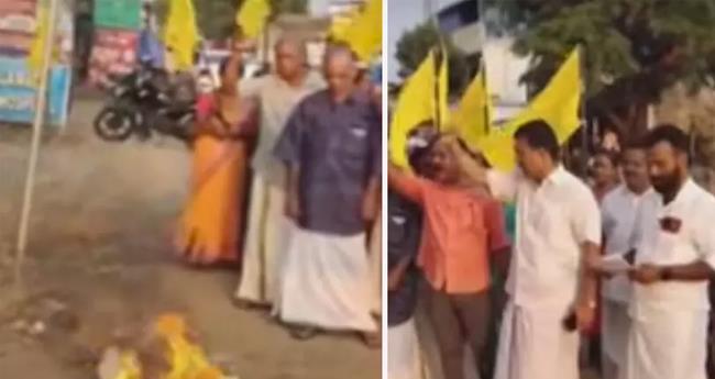 പാ​ല​ക്കാ​ട്ട് സാ​ദി​ഖ​ലി ത​ങ്ങ​ളു​ടെ കോ​ലം ക​ത്തി​ച്ച് എ​സ്എ​ൻ​ഡി​പി പ്ര​വ​ർ​ത്ത​ക​ർ