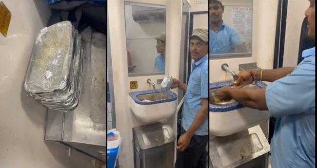 Repulsive Re Use: Railway Staffer Caught Washing Disposable Food Trays in Train Toilet Sink