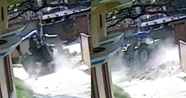 Dramatic Crash Caught on CCTV: UP Tractor Driver Pinned After Hitting Residential Wall