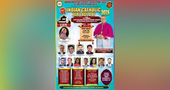 ഇ​ന്ത്യ​ൻ കാ​ത്ത​ലി​ക് ഹെ​റി​റ്റേ​ജ് ഡേ ​ന​വം​ബ​ർ എ​ട്ടി​ന് ഫി​ല​ഡ​ല്‍​ഫി​യ​യി​ല്‍